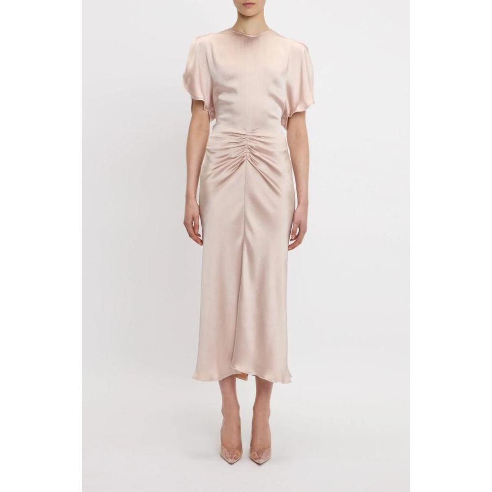 Victoria Beckham Gathered Waist Midi Dress in Blush Apricot UK 8 US 4